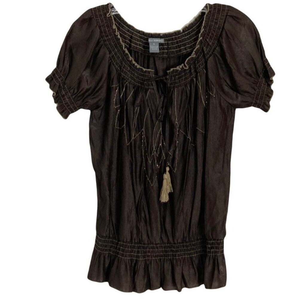NWOT ISABELLA RODRIGUEZ Top S Satin Brown Beaded Embroidery Off Shoulder